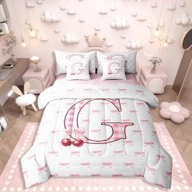 Imagem de Erosebridal Jogo de cama Queen com letra G com estampa de coquete, 7 peças, desenho animado de cereja e gravata borboleta para crianças, meninas, estilo princesa sonhadora, conjunto de lençol com