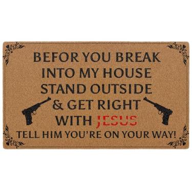 Imagem de Bmotaso Tapete engraçado Before You Break Into My House, Tapete de boas-vindas para entrada interna e externa, tapete rústico de coco artificial para varanda, pátio, cozinha, decoração 76 x 43 cm