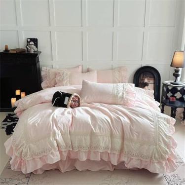 Imagem de Conjunto de cama rosa princesa com babados de renda para casamento, capa de edredom, lençol, saia de cama e lençol de baixo com elástico, cor 1, lençol de baixo 1,5MBed