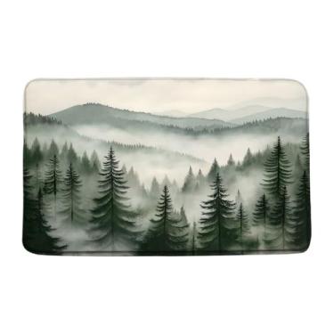 Imagem de Tapete de banho verde escuro floresta enevoada montanha cenário nebuloso pinheiro chique rústico abstrato natureza moderna paisagem tapete de casa de banho, 17,7 x 29,5 polegadas