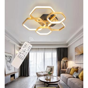 Imagem de Luminária de teto LED moderna para sala de estar, com intensidade regulável, na cor dourada, com controle remoto. Ideal para quarto, restaurante e outros ambientes. (Dourada, 5 lâmpadas)