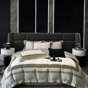 Imagem de Jogo de cama premium em algodão com estampa digital, capa de edredom macia, lençol de baixo e lençol de elástico, cor 2, tamanho King (220x240cm), 4 peças.