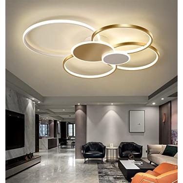 Imagem de Luminária de teto LED dimerizável com controle remoto, design elegante e criativo com 6 anéis, para sala de estar. Lustre de embutir em metal (dourado + branco, 100 cm de comprimento/96 W).