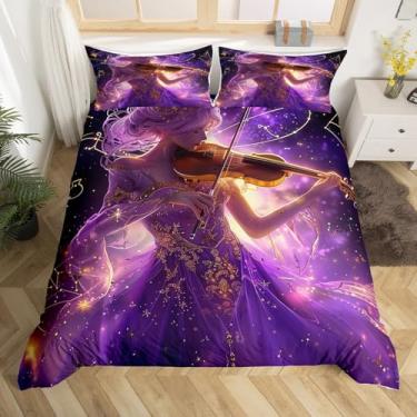 Imagem de Erosebridal Capa de edredom de violino, princesa tamanho casal para crianças, meninas, conjunto de cama série galáxia roxa com 2 fronhas, capa de edredom sonhadora romântica, decoração de quarto, roxo