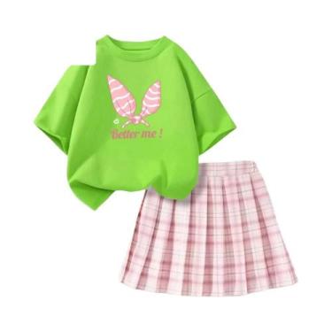 Imagem de Conjunto De Verão Para Meninas: Camiseta Rosa Com Laço E Saia Xadrez, 