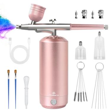 Imagem de PHILORN Kit de aerógrafo com compressor, escova de ar portátil sem fio para barbeiro, arte de unhas, decoração de bolo, maquiagem, pintura de modelo, rosa