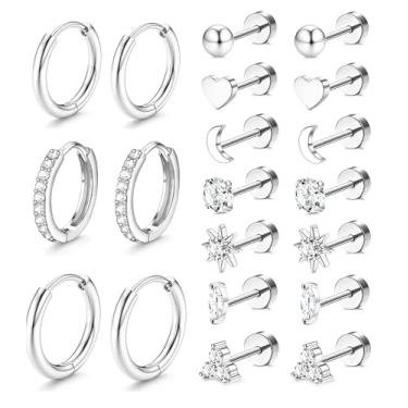 Imagem de Incaton Brincos de argola hipoalergênicos para mulheres, pequenos brincos de aço inoxidável cirúrgico banhados a ouro 14 K para orelhas sensíveis, argolas prateadas, cartilagem, conjunto com vários