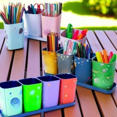 Imagem de Organizador Plástico com Bandeja - Porta-Caneta e Lápis Decorativo para Mesa de Escritório, Home Office e Ambientes Domésticos (DIVERTIDA MENTE 2)