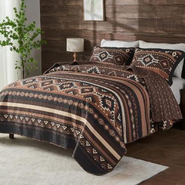 Imagem de SahSahCasa Conjunto de colcha Queen, 100% algodão, conjunto de edredom Queen, colcha acolchoada listrada asteca, conjunto de cama queen, reversível e leve para todas as estações, marrom/preto, 3 peças