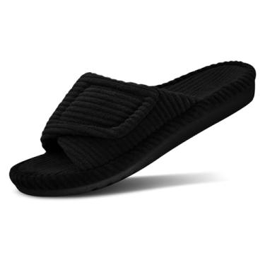 Imagem de MAJOALLURE Chinelos ortopédicos femininos ajustáveis com suporte de arco bico aberto, veludo cotelê, sapatos para quarto, ambientes internos e externos, Preto, 40