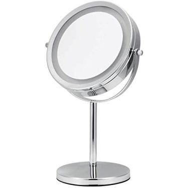 Imagem de U5GAAALPPQ9 Espelho Vanity LED 17.8 cm Vanity com luz 5 vezes ampliação portátil dupla face mesa de maquiagem iluminada (cor: prata, tamanho: 17,78 cm 5X)