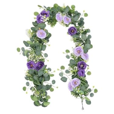 Imagem de Bothyi Arranjo floral artificial com folhas de eucalipto, ideal para fotos, decoração de parede e portas em datas comemorativas, Roxo