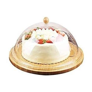 Imagem de Suporte de bolo bandeja de exibição de sobremesa caixa de bolo de plástico redonda, cúpula de pastelaria de pizza com ranhuras, barra de paletes de madeira, bandeja de degustação de restaurante para