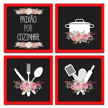 Imagem de Conjunto Quadros Decorativos 4 Pçs 20x20 Paixão Por Cozinhar Titulo Moldura Vermelha