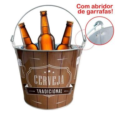 Imagem de Balde De Gelo Para Cerveja Estampado Em Metal Galvanizado Com Abridor 7,6 Litros