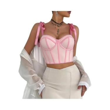 Imagem de Top Cropped Com Alças De Laço Spice Girl, Corset Com Faixas Em Patchwo