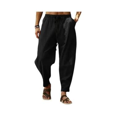 Imagem de Calças Masculinas De Cintura Alta, Largas, Em Algodão E Linho, Casuais