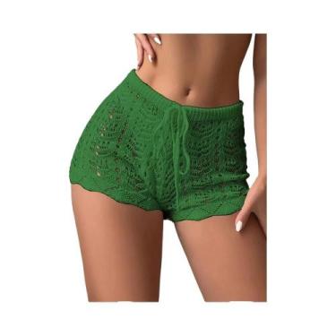 Imagem de Cintura aberta de malha biquíni feminino, calções com cordão oco, poly