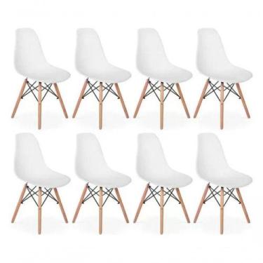 Imagem de Kit Com 8 Cadeiras Eiffel Charles Eames Dkr Base De Madeira, Cor Branc
