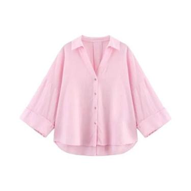 Imagem de Camisa Casual Listrada Oversize Para Mulheres, Manga Larga, Top Solto 