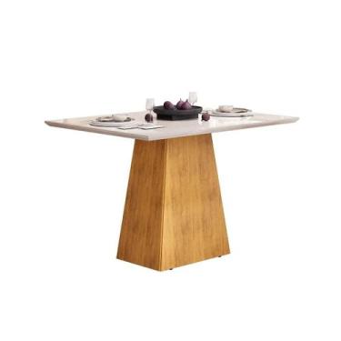 Imagem de Mesa p/ Cozinha Dulce c/ Tampo Madeirado Vidro Reto 120x90cm Cedro/Off