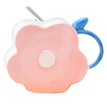 Imagem de seelucky Caneca de forma floral com flor de palha caneca de cerâmica xícara de café infantil caneca de leite de desenho animado xícara de chá presente de aniversário (flor rosa)