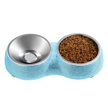 Imagem de eing Tigelas duplas de água e comida para cães tigelas de aço inoxidável com estação de resina antiderrapante e strass brilhante, tigelas de alimentador para animais de estimação para filhotes cães médios e gatos filhotes animais de estimação, azul