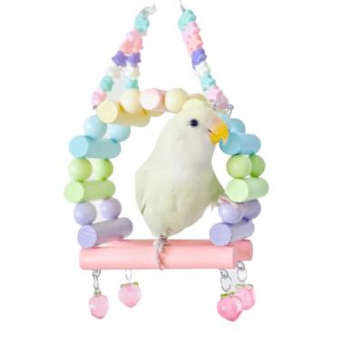 Imagem de Brinquedo de balanço de pássaro poleiro de madeira gaiola de papagaio rede balanço poleiro de madeira rack suporte de pássaro mastigar mordidas rasgar escalada com corrente de suspensão de aço inoxidável (passe-A)