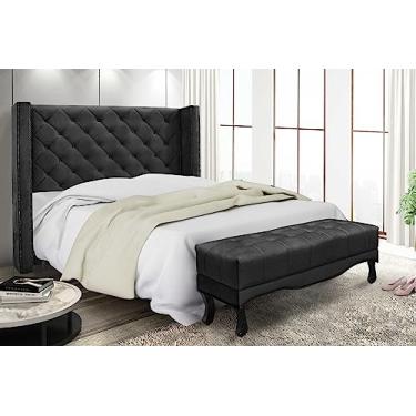 Imagem de Kit Cabeceira Quarto + Recamier Sofá Divã Estofado Chaise 2 Lugares 0,9 M Europe (Suede preto)