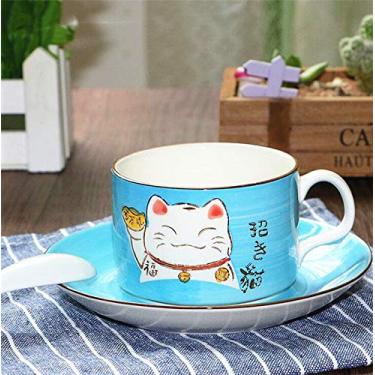 Imagem de EatingBiting(R)5 cores pintadas à mão nível de arte para gatos da sorte Maneki Neko cerâmica xícara de chá conjunto de 3 peças 1 xícara 1 prato 1 colher de porcelana Cappuccino copos com pires ou especialidades bebidas de café, latte, café, Azul, Cup Size:7.5cm x 5.0cm / 3.0 " x 2.0" approx.