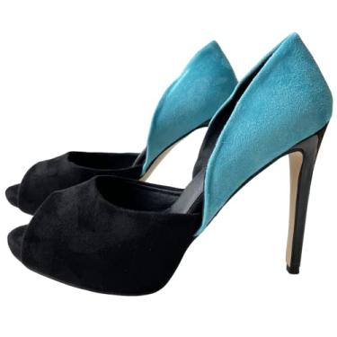 Imagem de Frankie Hsu Sapatos de salto alto sexy stiletto para banquete, clássico preto azul camurça sintética moda salto alto sandália feminina, tamanho grande designer peep toe spike pump para mulheres e
