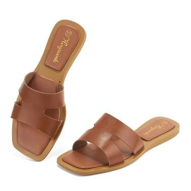 Imagem de hingswink Sandálias femininas planas sandálias de couro bico quadrado moda chinelos de praia para mulheres verão confortável elegante casual, Bronze PU, 38