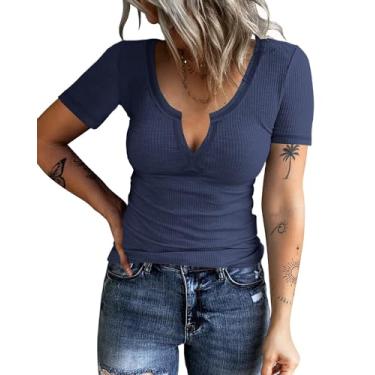 Imagem de KINLONSAIR Túnica feminina casual de manga curta gola V slim fit camiseta básica de malha canelada lisa, A1 - Azul-marinho, P