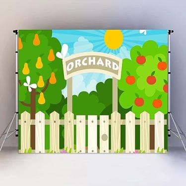 Imagem de Desenho animado pomar maçã pera árvore éden jardim pano de fundo para fotografia de aniversário chá de bebê, 1,8 x 1,8 m, cerca de madeira, luz do sol, céu azul fundo para bolo, banner adereços
