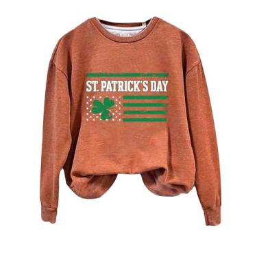Imagem de Camisetas femininas com estampa de bandeira irlandesa verde de manga comprida Dia de São Patrício Lucky Mama, Laranja, P