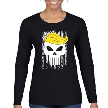 Imagem de Camiseta feminina de manga comprida com bandeira de Trump 2024 Make America First Great Again Deplorable Skull My President MAGA Republican FJB, Preto, GG