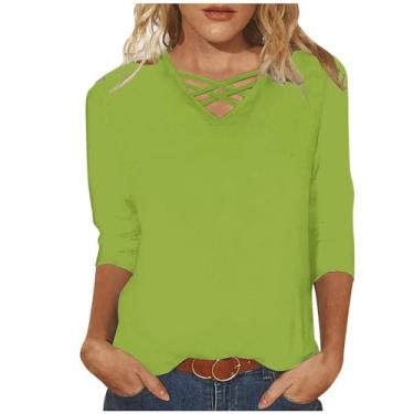 Imagem de Camisetas femininas com manga 3/4 de comprimento e gola V verão 2024 blusas túnicas elegantes casuais de cor sólida, Verde, XXG