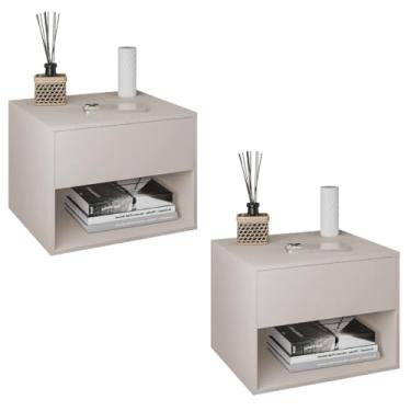 Imagem de Kit com 02 Mesas de Cabeceira Suspensa com 1 Gaveta e Nicho Moderna Fixa na Parede - LH Móveis (Off White) - LH Móveis
