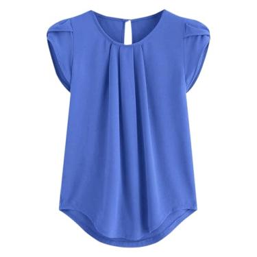 Imagem de Generic Camisetas femininas de manga curta pétala verão outono gola redonda chiffon recorte franzido camiseta feminina 2024, L-571 Azul royal, G