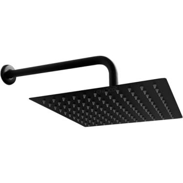 Imagem de Dona D Cor, Chuveiro Quadrado Preto Fosco Inox 20x20 A Gas De Parede Banheiro Ducha Cascata Fria Slim 20cm Braço Suporte Curvado Chuveirão Externo Piscina Square
