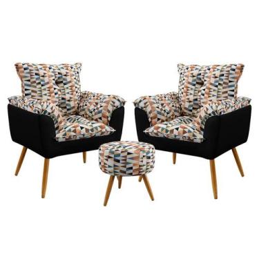 Imagem de Kit 2 Poltronas Decorativas Beta com Puff Solar Sued Estampado Laranja