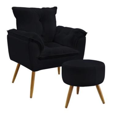 Imagem de Kit Poltrona Almofadada Decorativa Beta e Puff Solar N-024 Veludo Pret