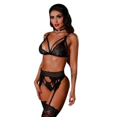 Imagem de Lingerie Renda Conjunto Feminino Cinta Liga Completa + Meia - Universo