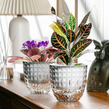 Imagem de XKYQSY Pacote com 2 vasos de plantas autoirrigáveis de 10 cm para plantas de interior, vasos de violetas africanas com orifícios de drenagem e bandeja, vasos modernos de plástico para berçário de