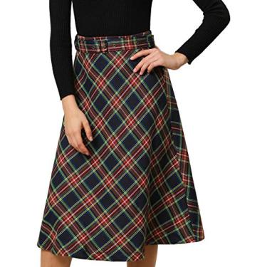 Imagem de Allegra K Saia midi feminina xadrez xadrez cintura alta vintage evasê, Azul escuro, PP