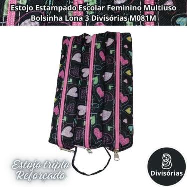 Imagem de Estojo Estampado Escolar Feminino Multiuso Bolsinha Lona 3 Divisórias 