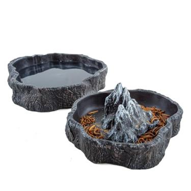 Imagem de Conjunto de 2 tigelas grandes de comida para répteis e tigela de água, prato de água para répteis e prevenção de afogamento e prato de comida para répteis com pedras ornamentais simuladas, alimentador