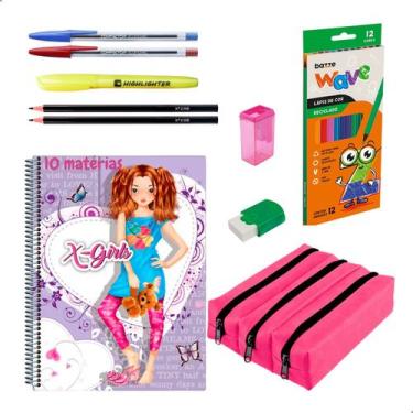 Imagem de Kit Material Escolar Caderno 10 Matérias Estojo Triplo + Itens Feminin