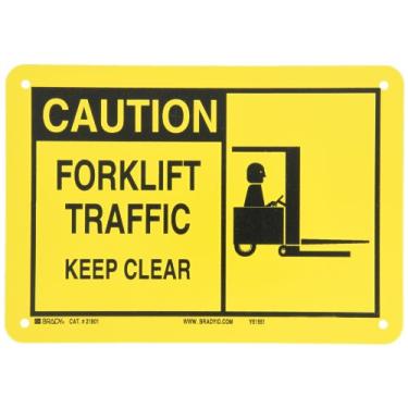 Imagem de Brady 21801 17,8 cm de altura, 25,4 cm de largura, plástico B-401, preto e amarelo em branco, placa de alerta colorida, legenda "Cuidado, tráfego de empilhadeira mantenha claro (com picto)"
