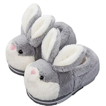 Imagem de YILANLAN Pantufas femininas fofas de animais de coelhinho interessante, confortáveis e felpudas, macias e macias, para o inverno, mantém aquecido, chinelos para casa, Sapatos cinza, 8.5-9 Women/7-7.5 Men